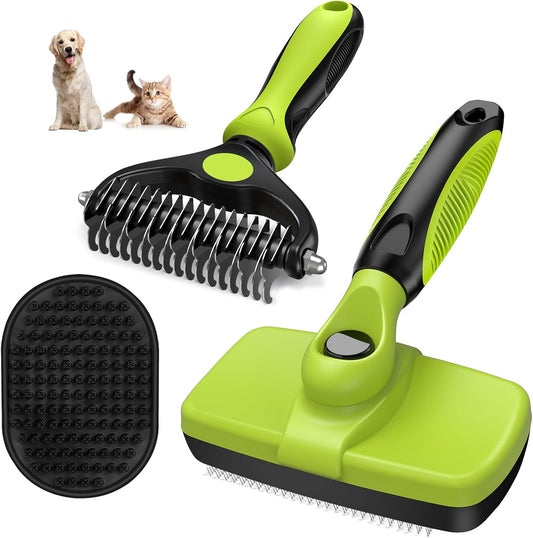 3-in-1 Pet Grooming Kit Self-Cleaning Slicker Brush, De-Matting Rake & Bath Brush (Green/Black)