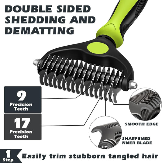 3-in-1 Pet Grooming Kit Self-Cleaning Slicker Brush, De-Matting Rake & Bath Brush (Green/Black)