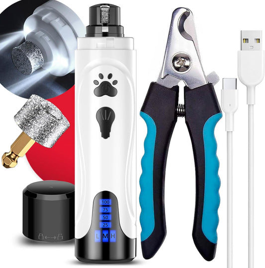 Dog & Cat Nail Care Kit, Quiet Electric Grinder with Light & Clippers (3 Speeds)
