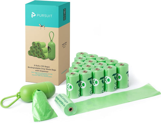 Green Pursuit Dog Poop Bags with Dispenser, 135 Leak-Proof, Easy-Tie Bags (9"x13")