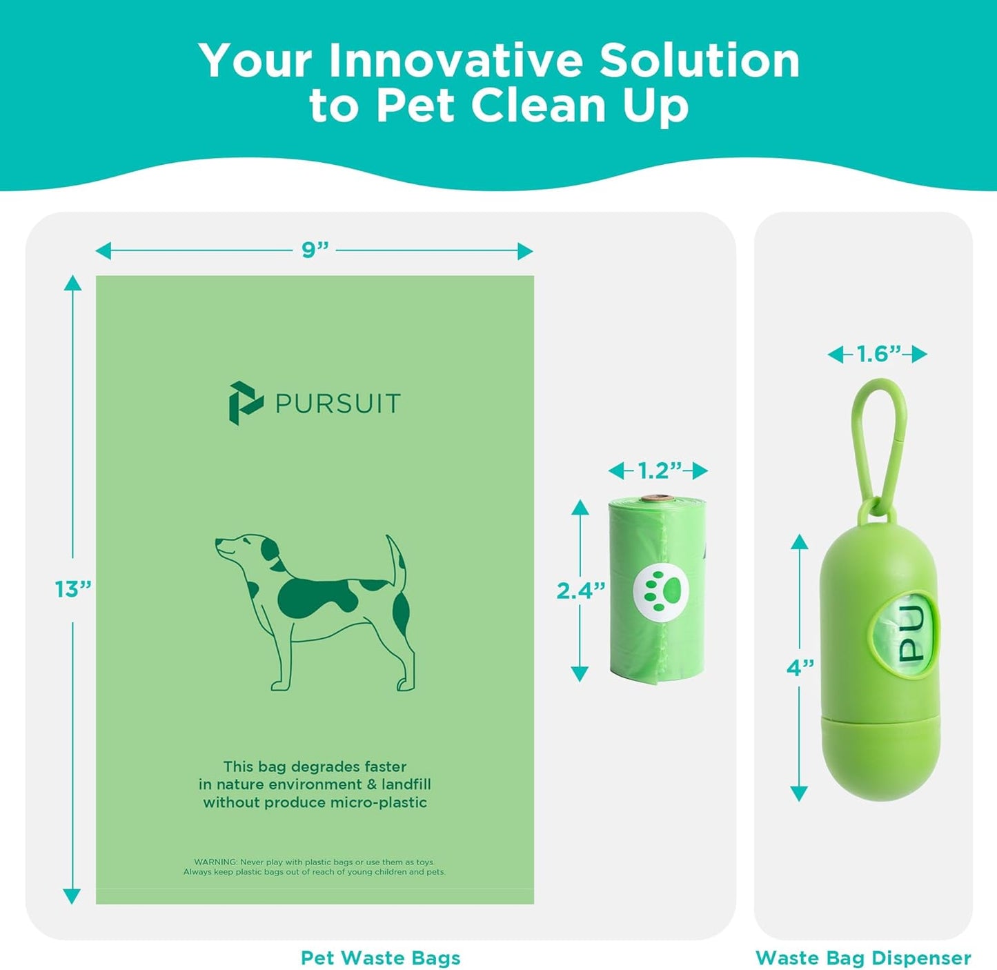 Green Pursuit Dog Poop Bags with Dispenser, 135 Leak-Proof, Easy-Tie Bags (9"x13")