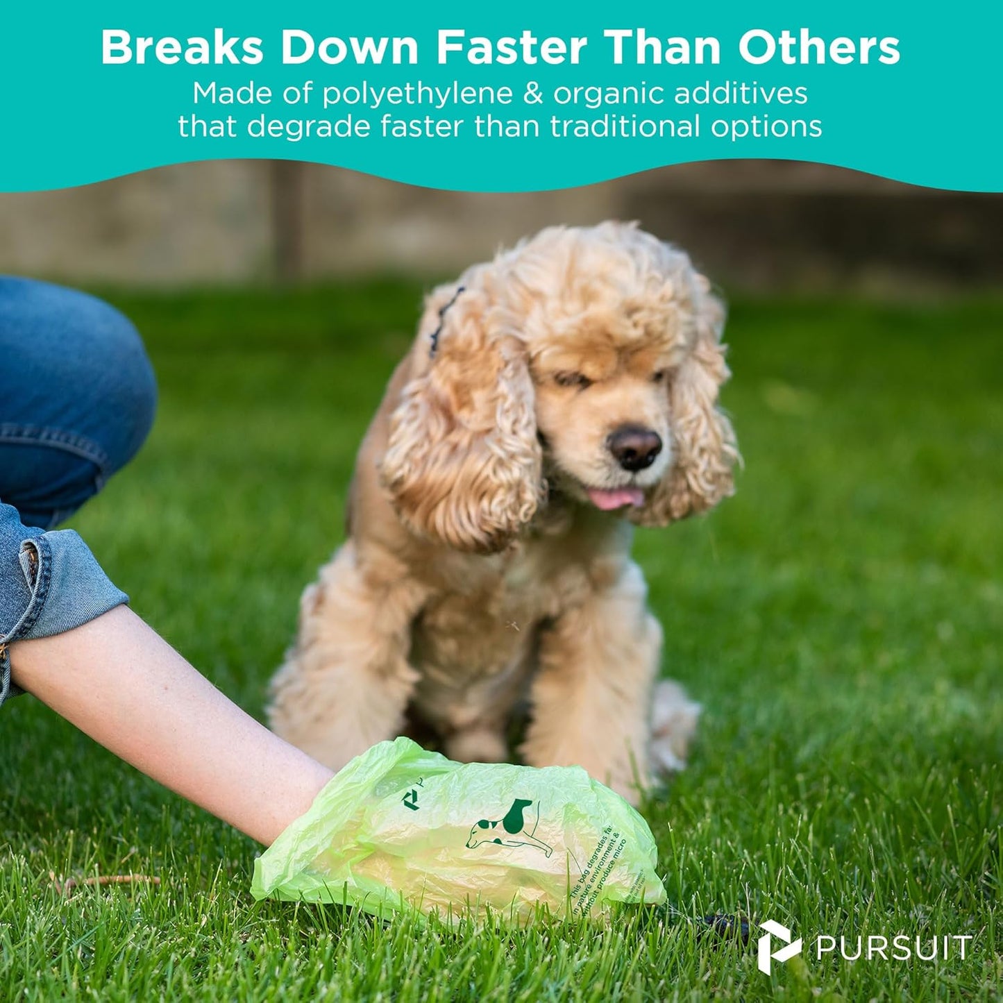 Green Pursuit Dog Poop Bags with Dispenser, 135 Leak-Proof, Easy-Tie Bags (9"x13")