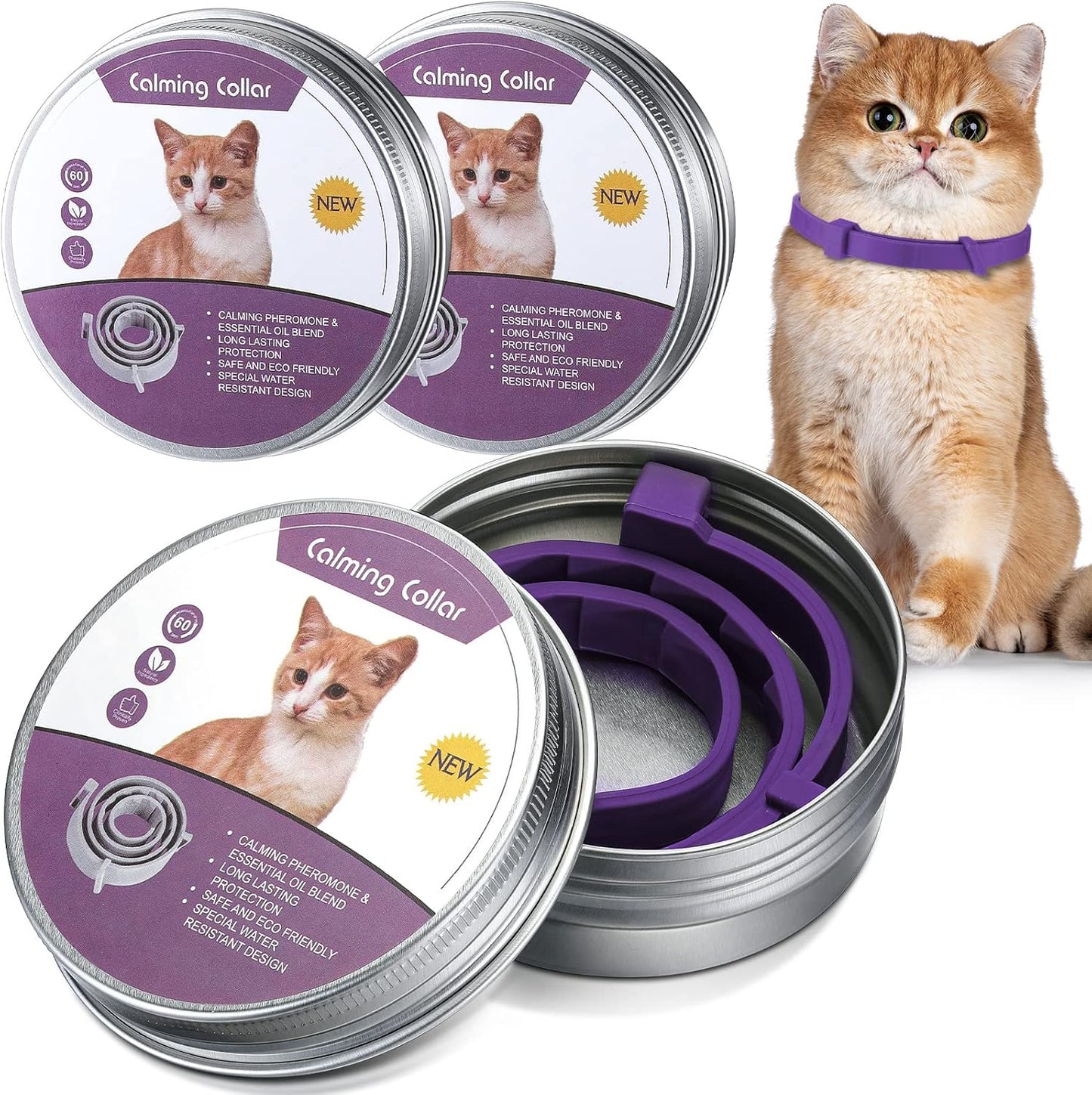 Qualirey 3 Pcs Adjustable Calming Collars for Cats (15", Purple)