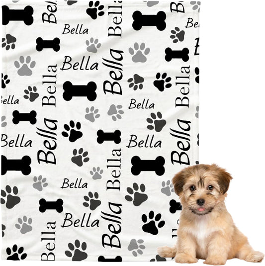 Pet Name Blanket Soft Flannel Throw with Paw Prints (40"x30")