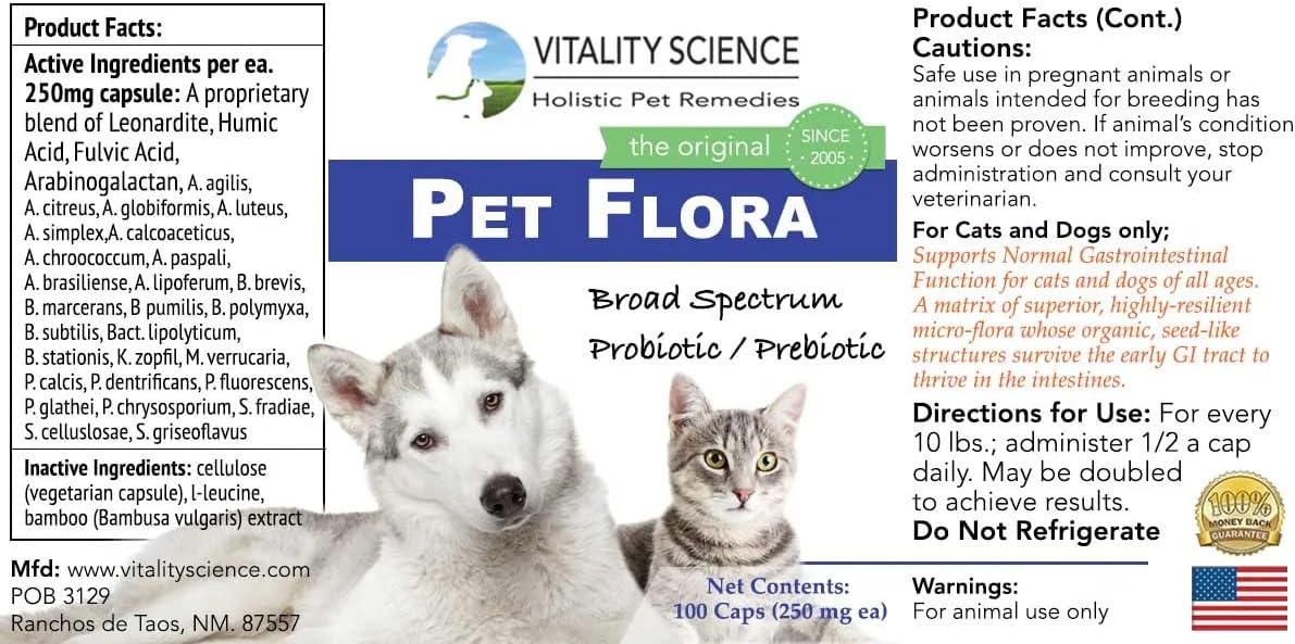 Pet Probiotic for Cats & Dogs Pet Flora, Additive-Free (100 Caps)