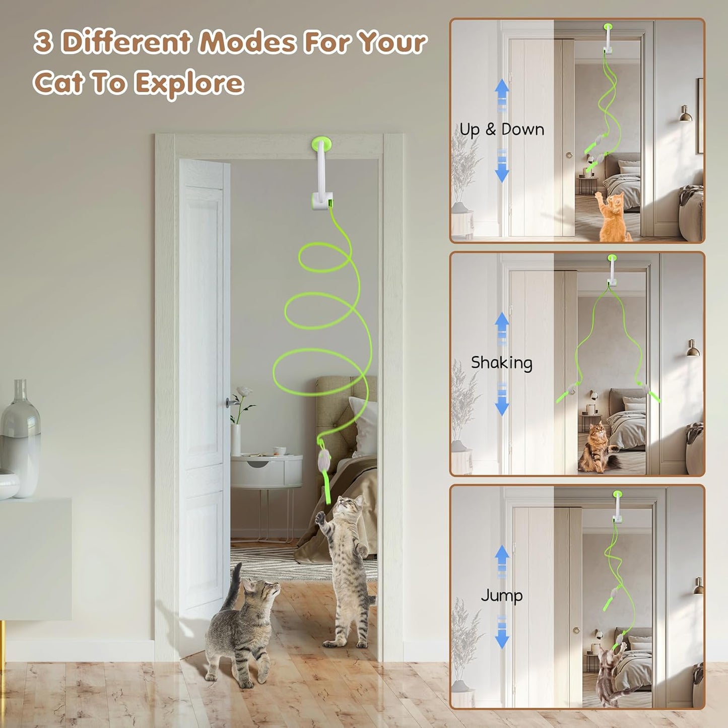 Interactive Rechargeable Cat Toy Retractable Feather & Plush Mouse Teaser (USB Powered, Green)