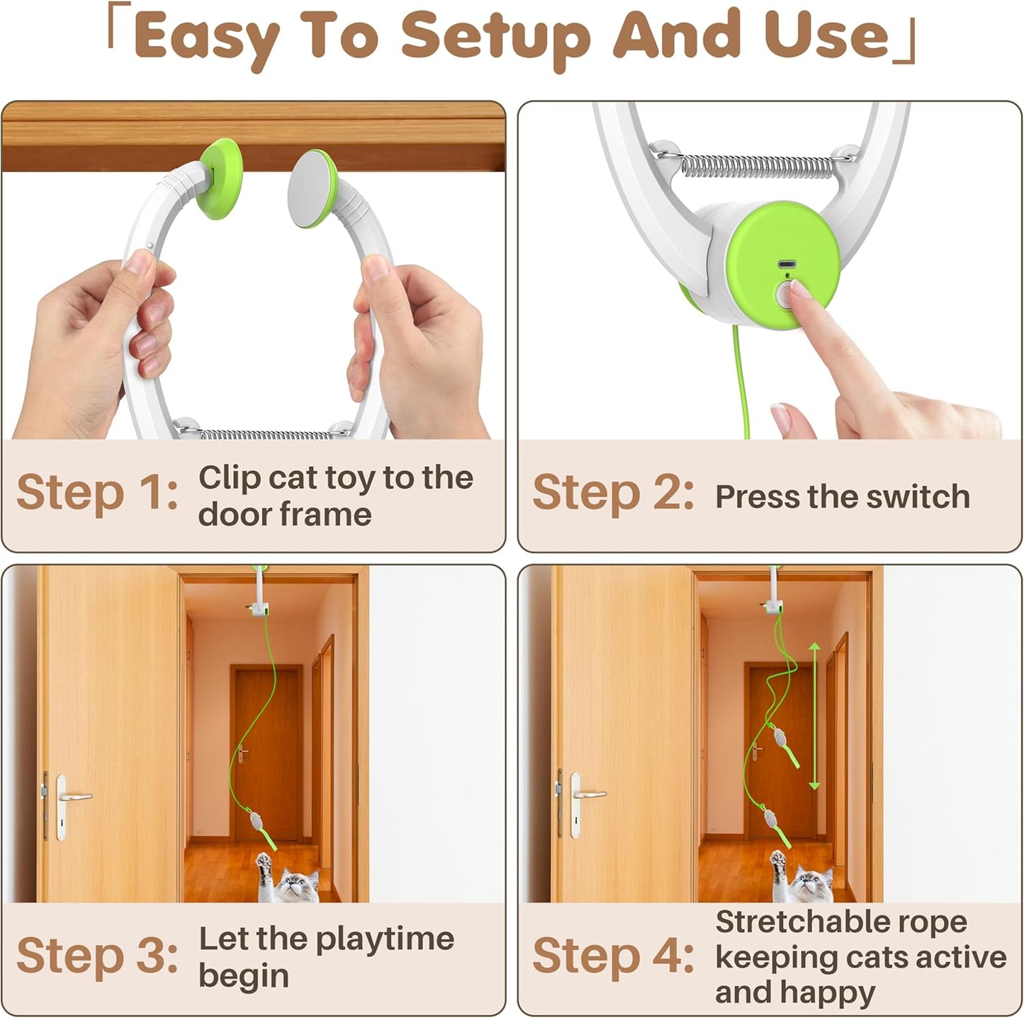 Interactive Rechargeable Cat Toy Retractable Feather & Plush Mouse Teaser (USB Powered, Green)