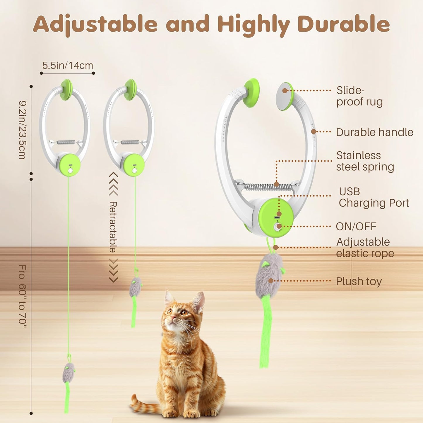 Interactive Rechargeable Cat Toy Retractable Feather & Plush Mouse Teaser (USB Powered, Green)