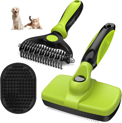 3-in-1 Pet Grooming Kit Self-Cleaning Slicker Brush, De-Matting Rake & Bath Brush (Green/Black)