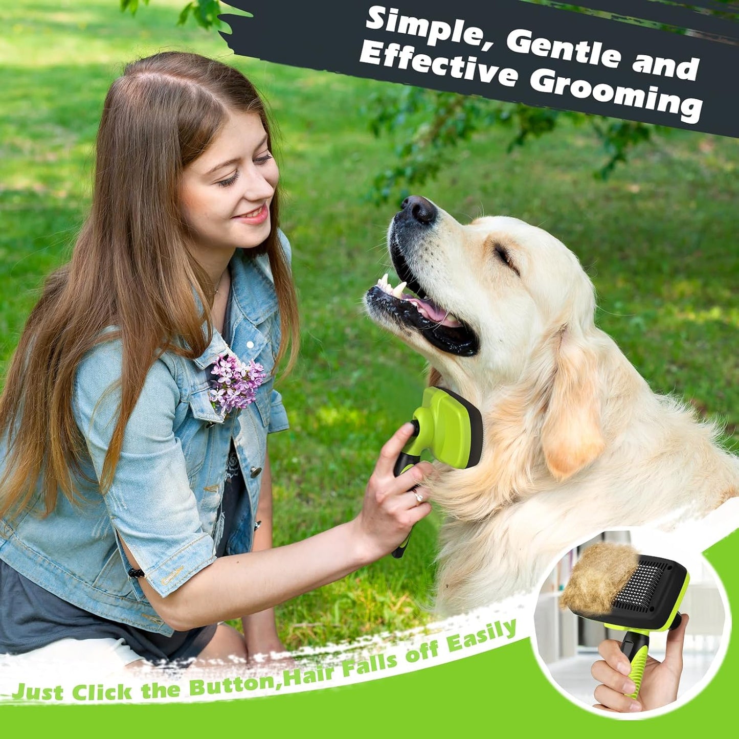 3-in-1 Pet Grooming Kit Self-Cleaning Slicker Brush, De-Matting Rake & Bath Brush (Green/Black)