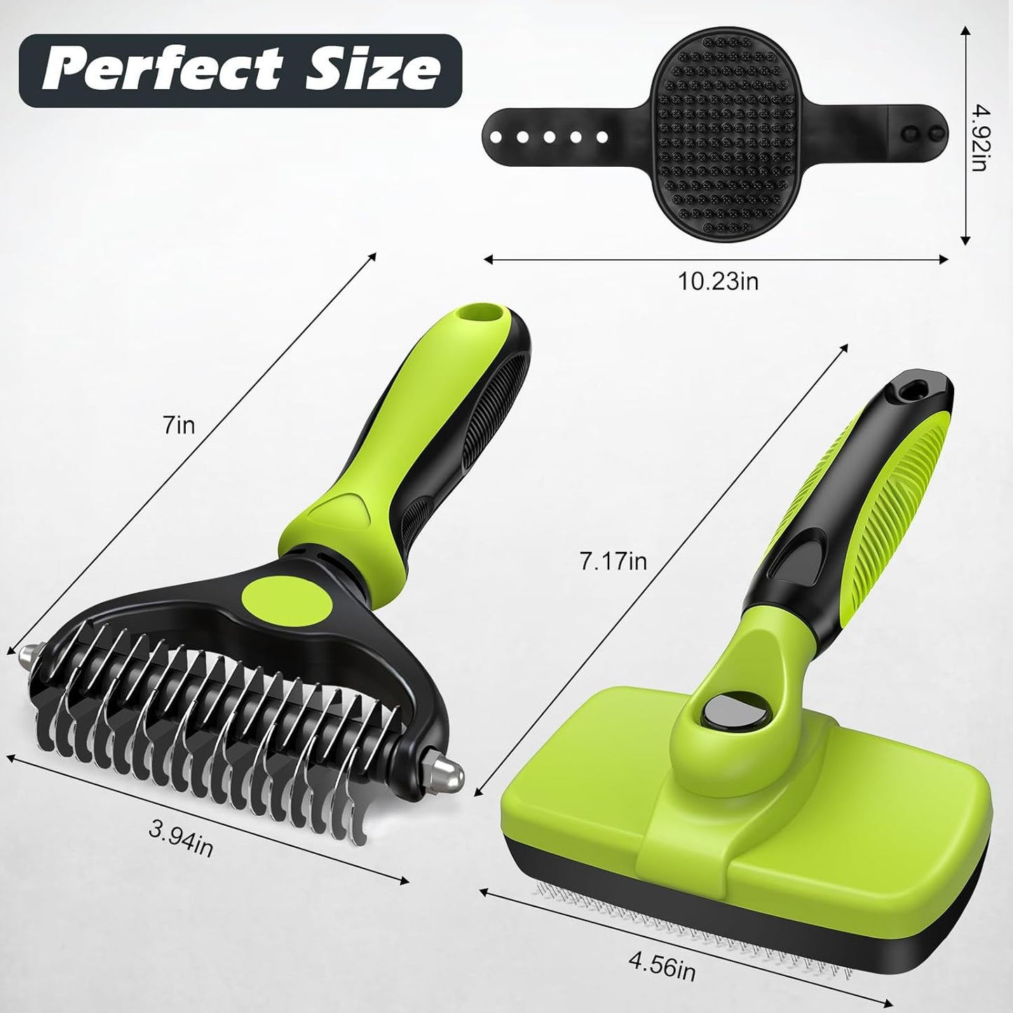 3-in-1 Pet Grooming Kit Self-Cleaning Slicker Brush, De-Matting Rake & Bath Brush (Green/Black)