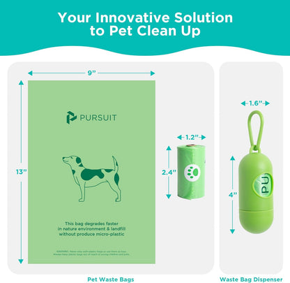 Green Pursuit Dog Poop Bags with Dispenser, 135 Leak-Proof, Easy-Tie Bags (9"x13")