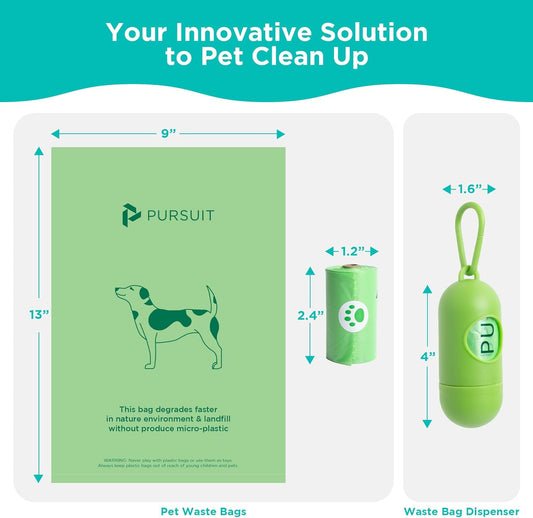 Green Pursuit Dog Poop Bags with Dispenser, 135 Leak-Proof, Easy-Tie Bags (9"x13")