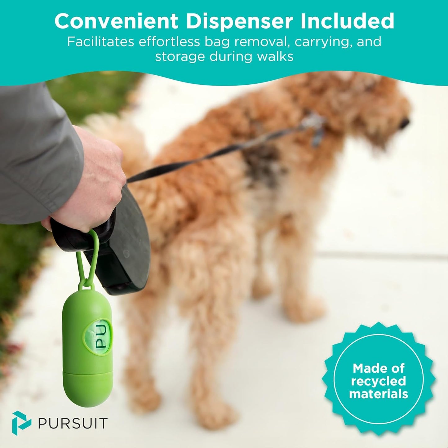 Green Pursuit Dog Poop Bags with Dispenser, 135 Leak-Proof, Easy-Tie Bags (9"x13")