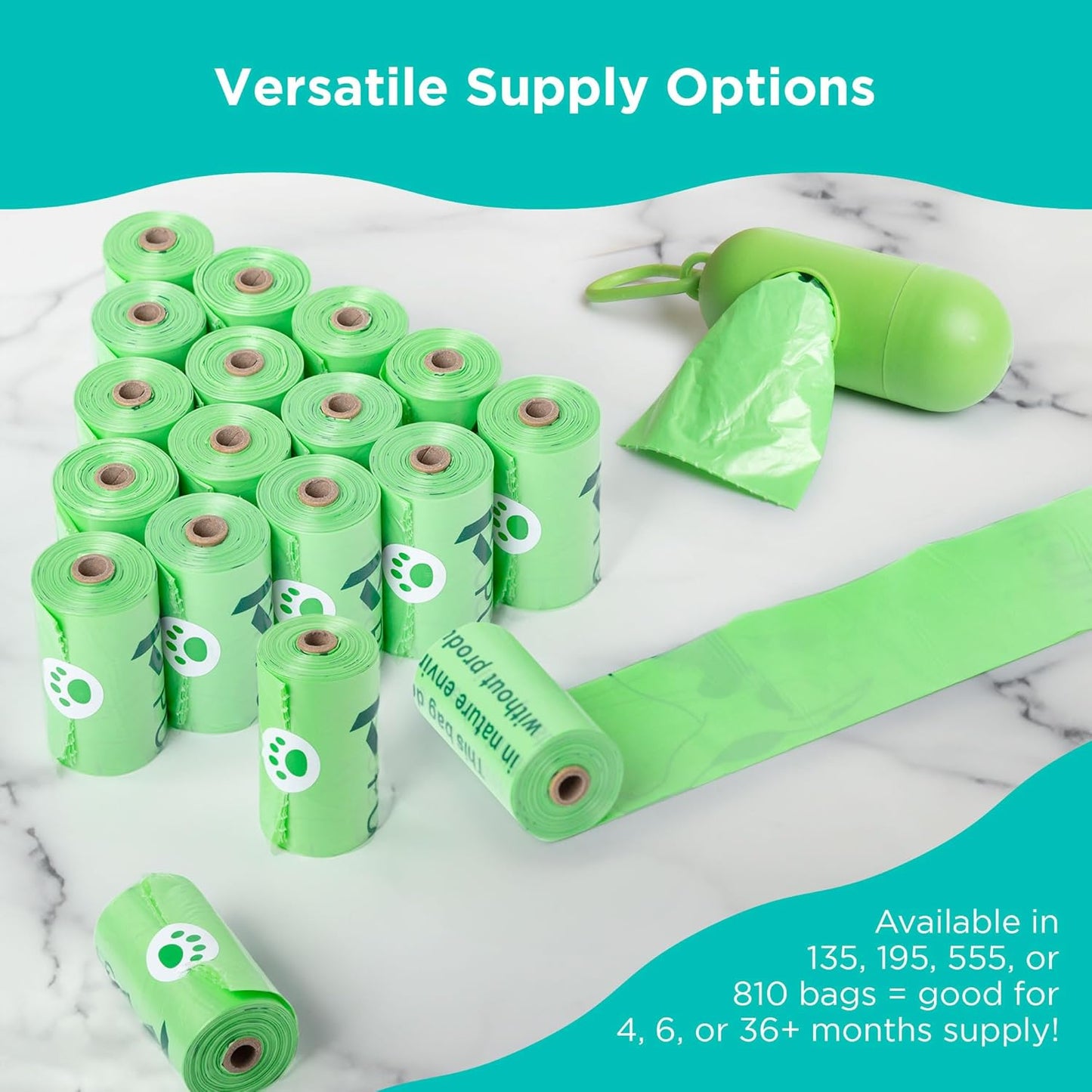 Green Pursuit Dog Poop Bags with Dispenser, 135 Leak-Proof, Easy-Tie Bags (9"x13")