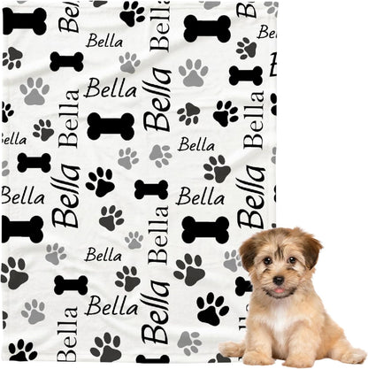 Pet Name Blanket Soft Flannel Throw with Paw Prints (40"x30")