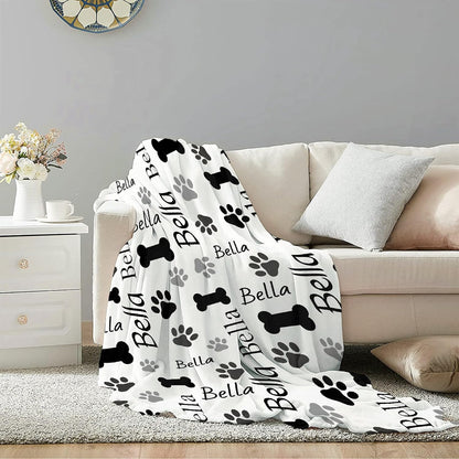 Pet Name Blanket Soft Flannel Throw with Paw Prints (40"x30")