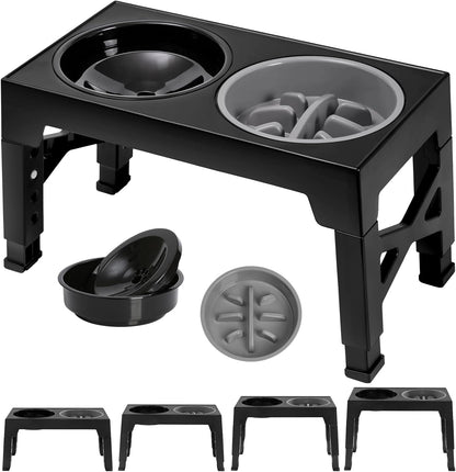 Elevated Dog Bowls 5 Height Adjustable Stand with Slow Feeder & No-Spill Water Bowl (Black)