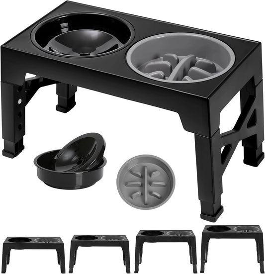 Elevated Dog Bowls 5 Height Adjustable Stand with Slow Feeder & No-Spill Water Bowl (Black)