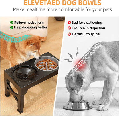 Elevated Dog Bowls 5 Height Adjustable Stand with Slow Feeder & No-Spill Water Bowl (Black)