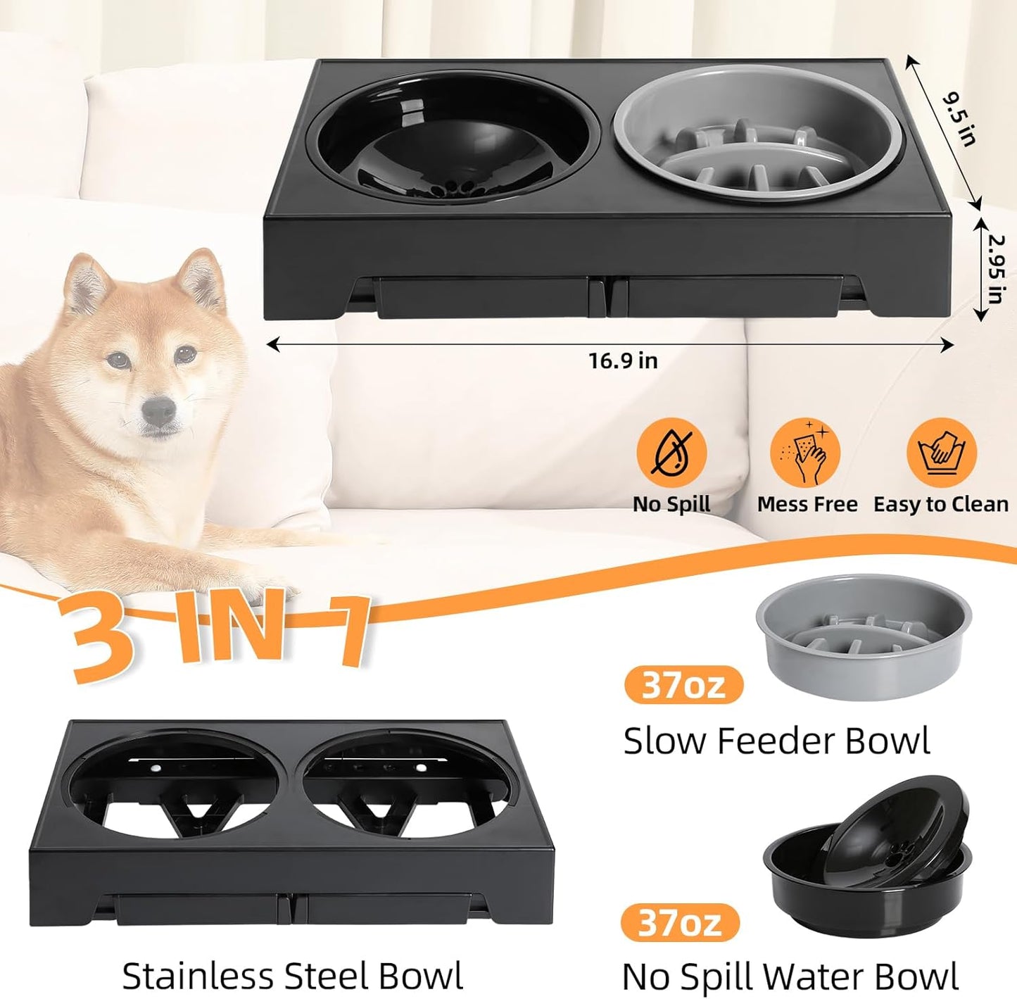 Elevated Dog Bowls 5 Height Adjustable Stand with Slow Feeder & No-Spill Water Bowl (Black)