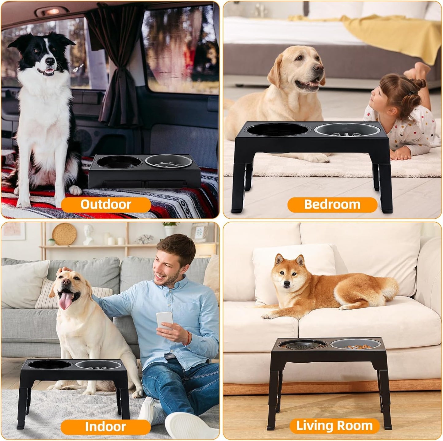 Elevated Dog Bowls 5 Height Adjustable Stand with Slow Feeder & No-Spill Water Bowl (Black)