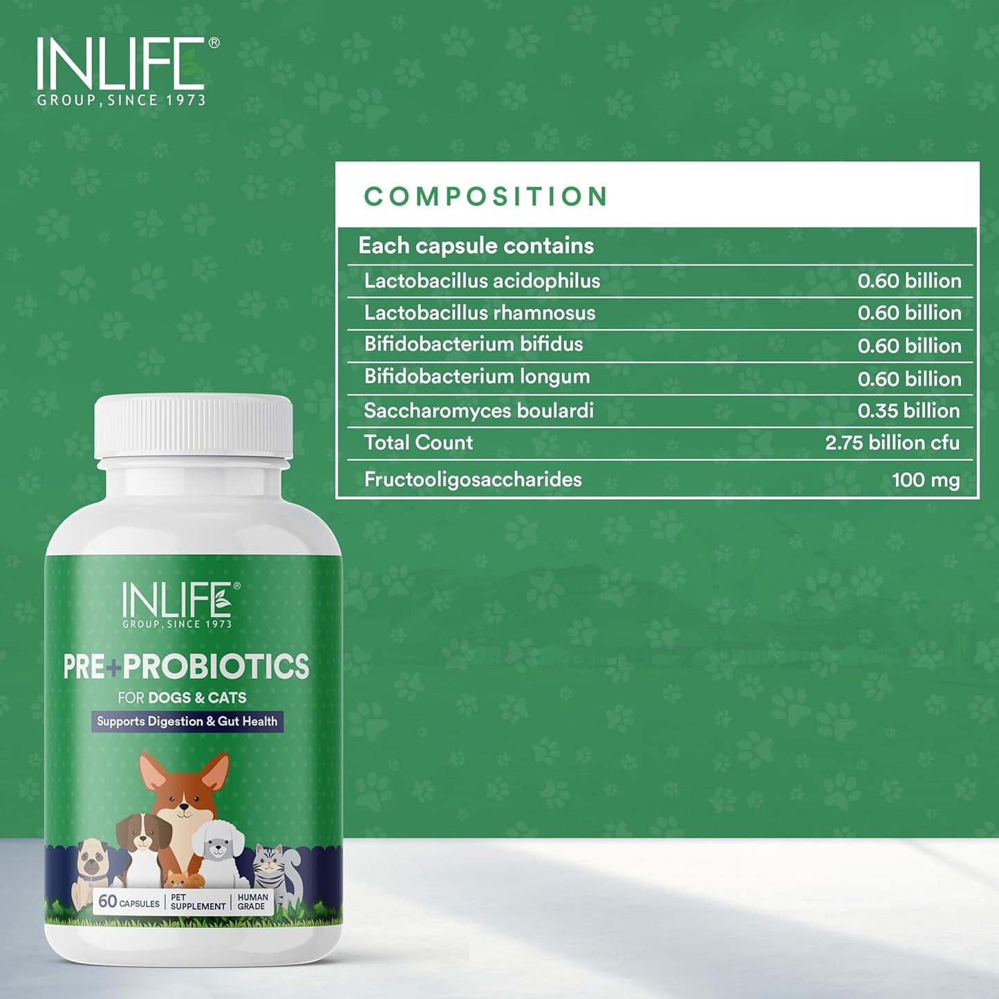 INLIFE Prebiotics & Probiotics for Dogs & Cats, Digestive Health & Immunity Support (60 Caps)