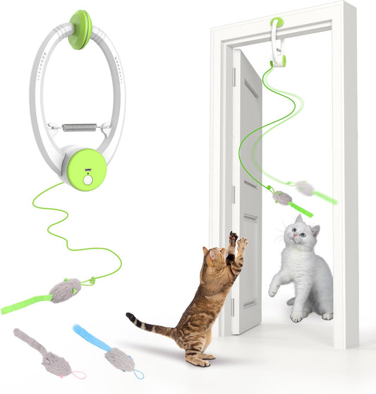 Interactive Rechargeable Cat Toy Retractable Feather & Plush Mouse Teaser (USB Powered, Green)