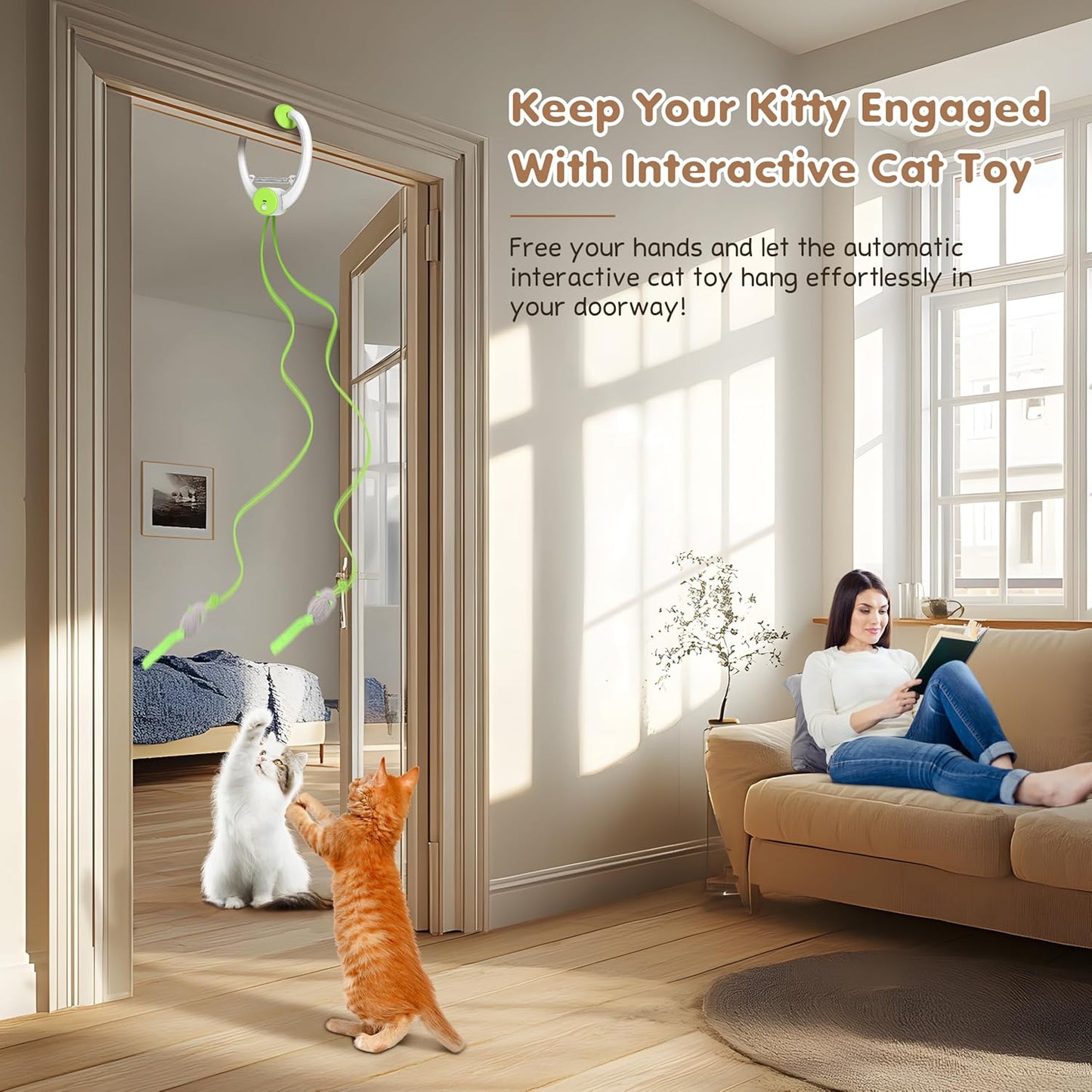 Interactive Rechargeable Cat Toy Retractable Feather & Plush Mouse Teaser (USB Powered, Green)