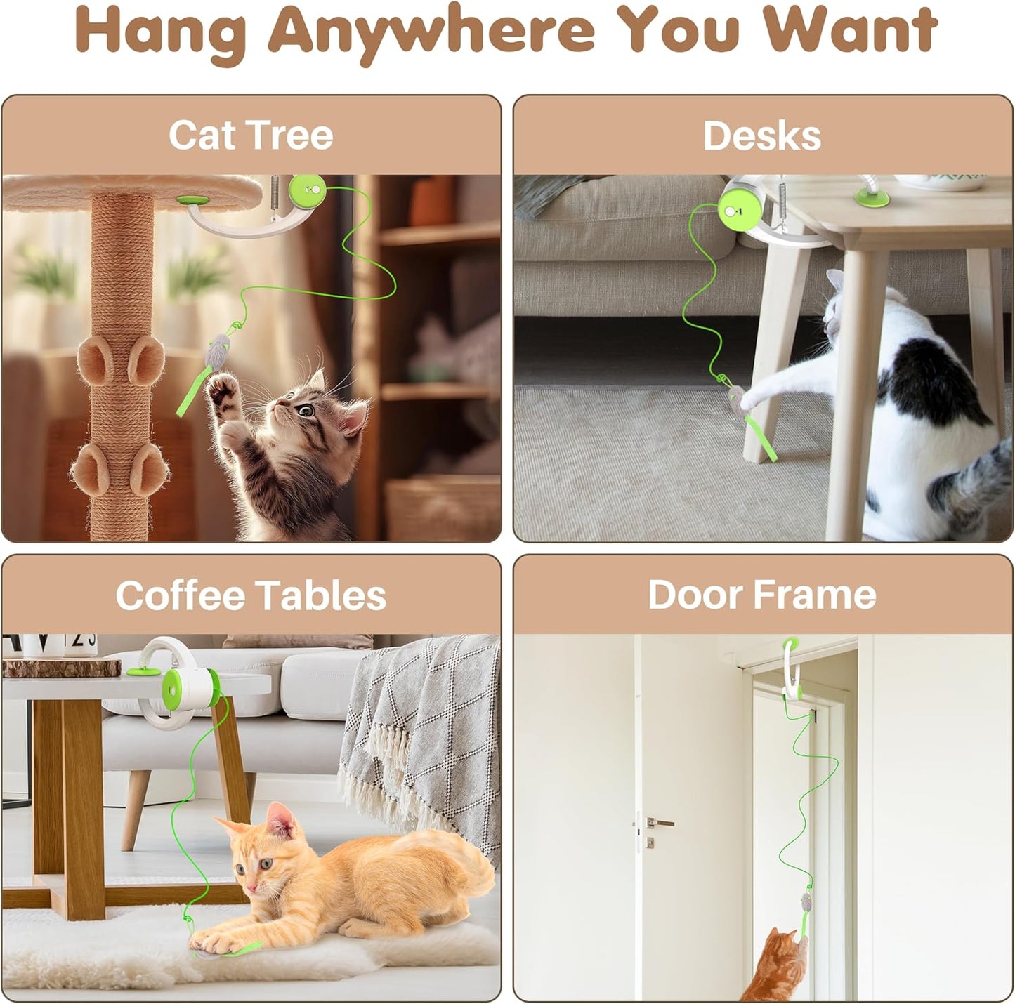 Interactive Rechargeable Cat Toy Retractable Feather & Plush Mouse Teaser (USB Powered, Green)