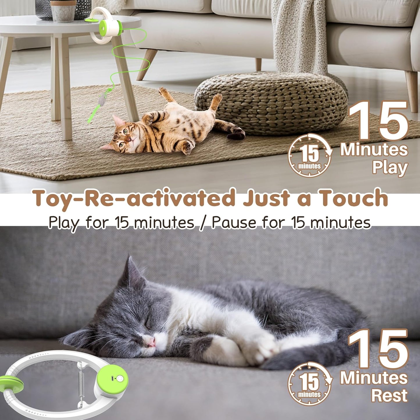 Interactive Rechargeable Cat Toy Retractable Feather & Plush Mouse Teaser (USB Powered, Green)
