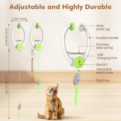 Interactive Rechargeable Cat Toy Retractable Feather & Plush Mouse Teaser (USB Powered, Green)